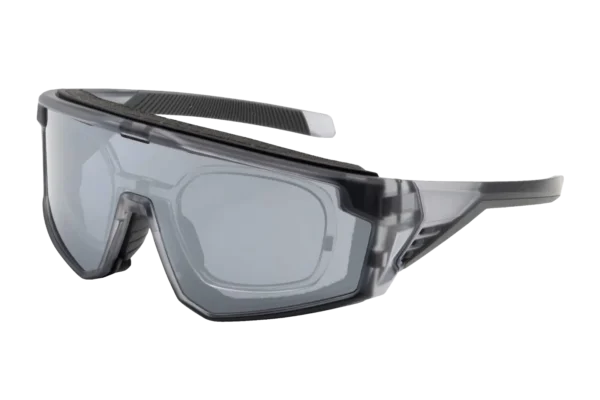 Protective safety goggles with gray lenses and an adjustable strap on top of the frame.