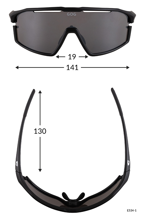 Front view of black wraparound sunglasses with grey lenses; overall width 141 mm and nose-bridge gap 19 mm shown. Temple length 130 mm (side views).