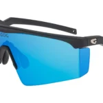 Sporty black-frame sunglasses with blue mirrored lenses and curved shield-style design.