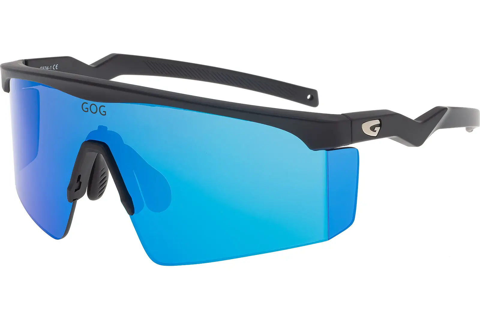 Sporty black-frame sunglasses with blue mirrored lenses and curved shield-style design.