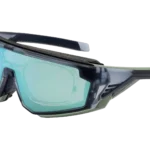 Protective safety goggles with teal mirrored lenses and an adjustable strap