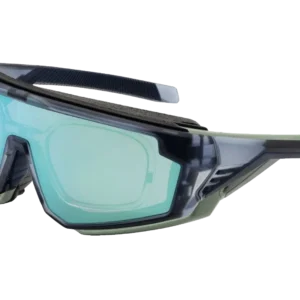 Protective safety goggles with teal mirrored lenses and an adjustable strap