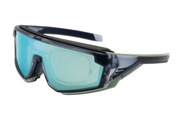 Protective safety goggles with teal mirrored lenses and an adjustable strap