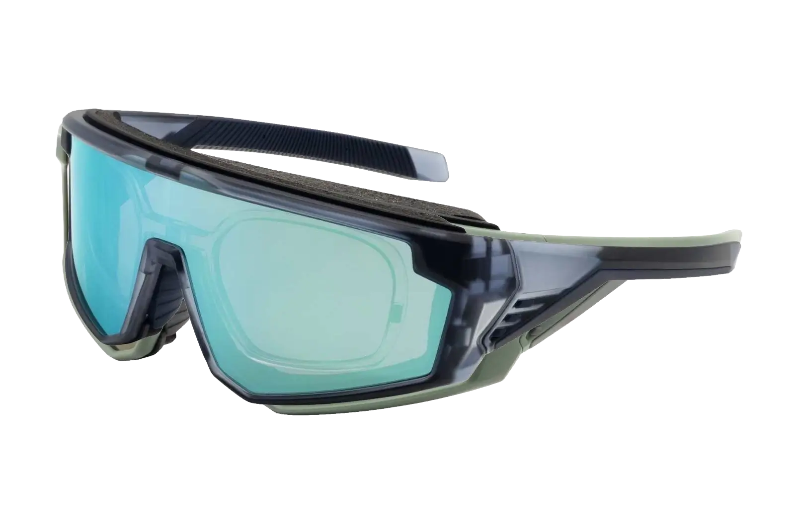 Protective safety goggles with teal mirrored lenses and an adjustable strap