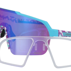 Oversized white-framed sunglasses with purple-blue mirrored lenses and a turquoise accent.