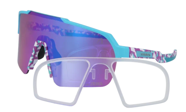 Oversized white-framed sunglasses with purple-blue mirrored lenses and a turquoise accent.