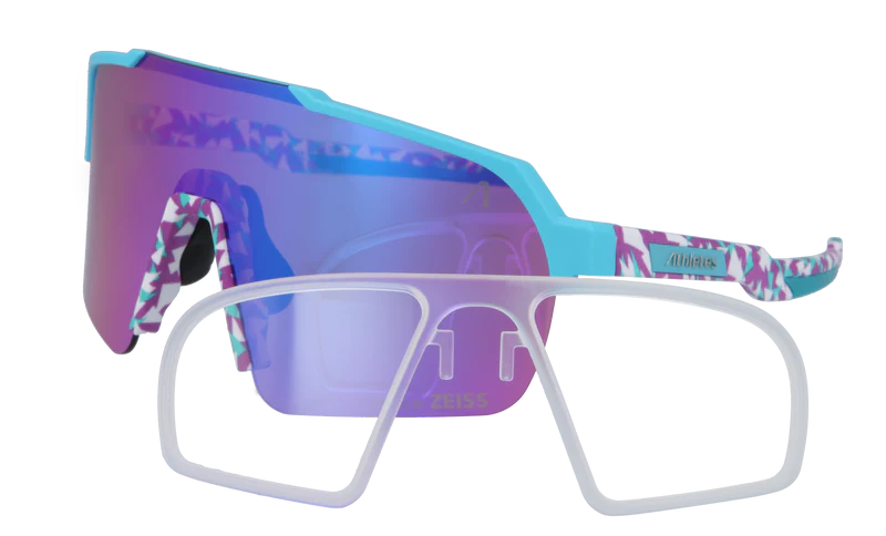 Oversized white-framed sunglasses with purple-blue mirrored lenses and a turquoise accent.