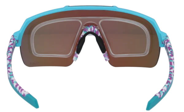 Turquoise frame sunglasses with patterned arms and brown lenses, product image.