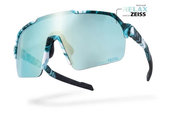 Blue mirrored sports sunglasses with a large curved single lens and patterned arms, branded LENSES BY ZEISS.