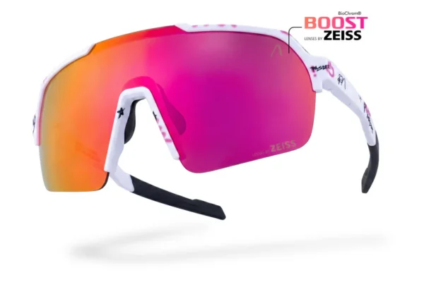 Sport sunglasses with a large pink-orange mirrored lens, white frame, and black temple tips; Boost by Zeiss branding visible on the lens and frame edge.