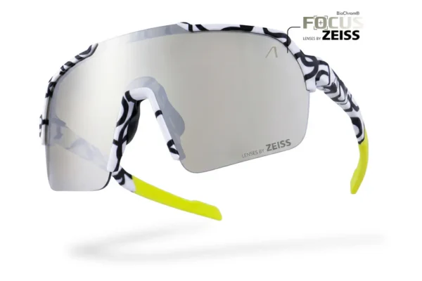 Sport sunglasses with a large mirrored shield lens, zebra-pattern frame, and neon yellow temple tips; branded Zeiss lenses.