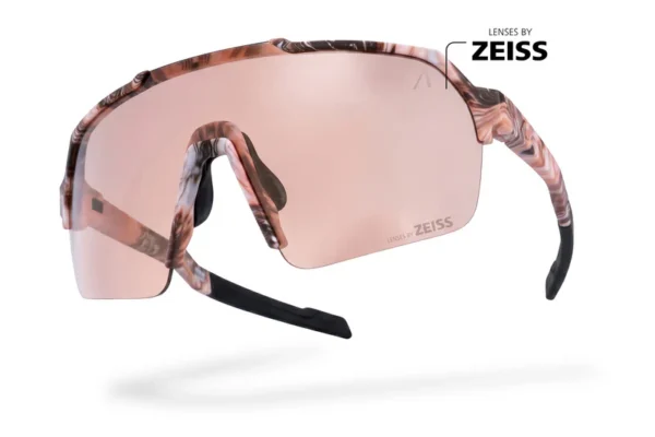 Pink mirrored wraparound sports sunglasses with a marbled pink frame, black temples, and ZEISS lenses logo.