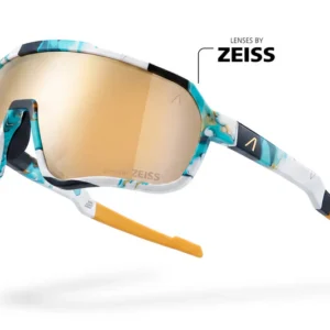Ski goggles with a turquoise patterned frame and gold mirrored lenses, labeled 'Lenses by ZEISS'