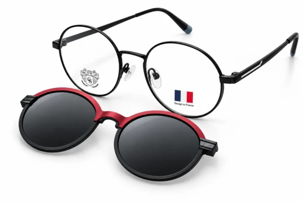 Two pairs of round glasses on a white background: black metal prescription frames with a crest sticker and a pair of red-and-black sunglasses with dark lenses.