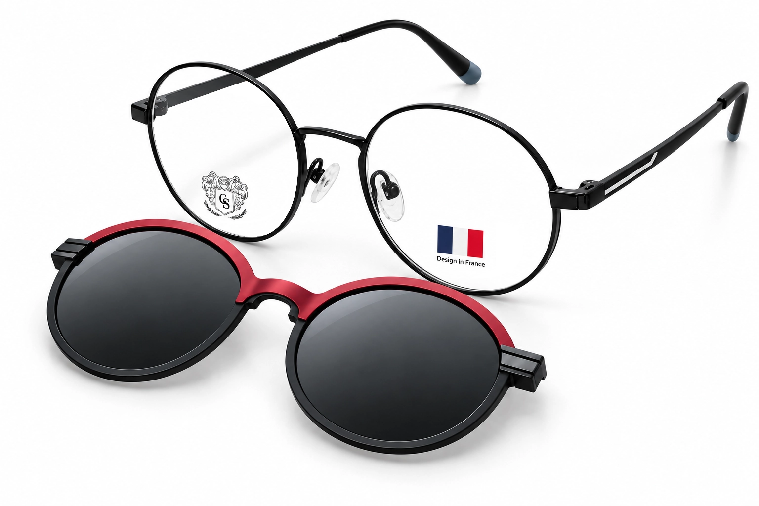 Two pairs of round glasses on a white background: black metal prescription frames with a crest sticker and a pair of red-and-black sunglasses with dark lenses.