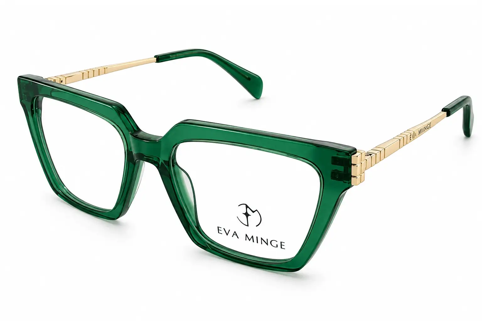 Green transparent eyeglasses with rectangular frames and gold-tone temples, Eva Minge branding on the lens area.