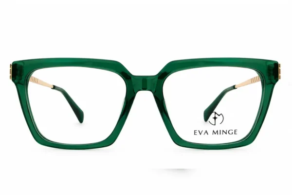 Emerald-green square eyeglasses with gold temples, front view; Eva Minge branding visible on the right lens area.