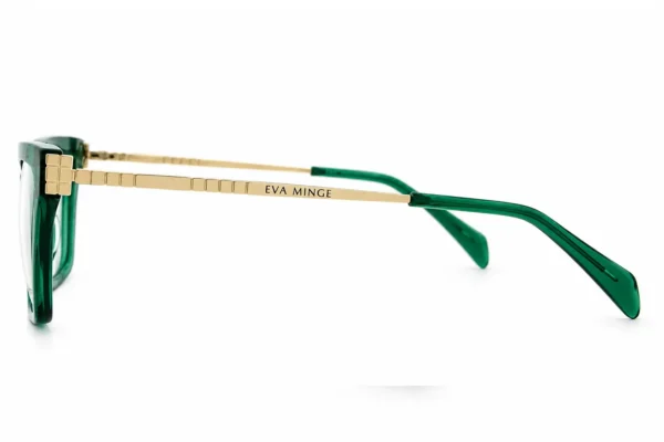 Green eyeglasses with gold temple pieces, branding reads EVA MINGE (side view).