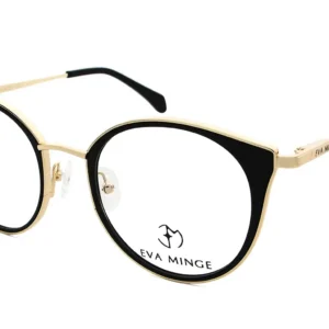 Gold and black round eyeglasses by Eva Minge with clear nose pads (angled view).