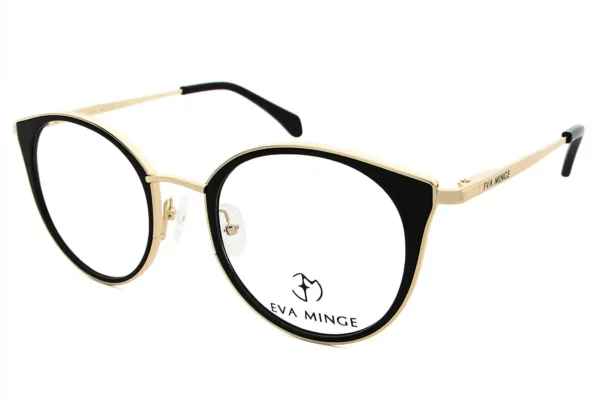 Gold and black round eyeglasses by Eva Minge with clear nose pads (angled view).