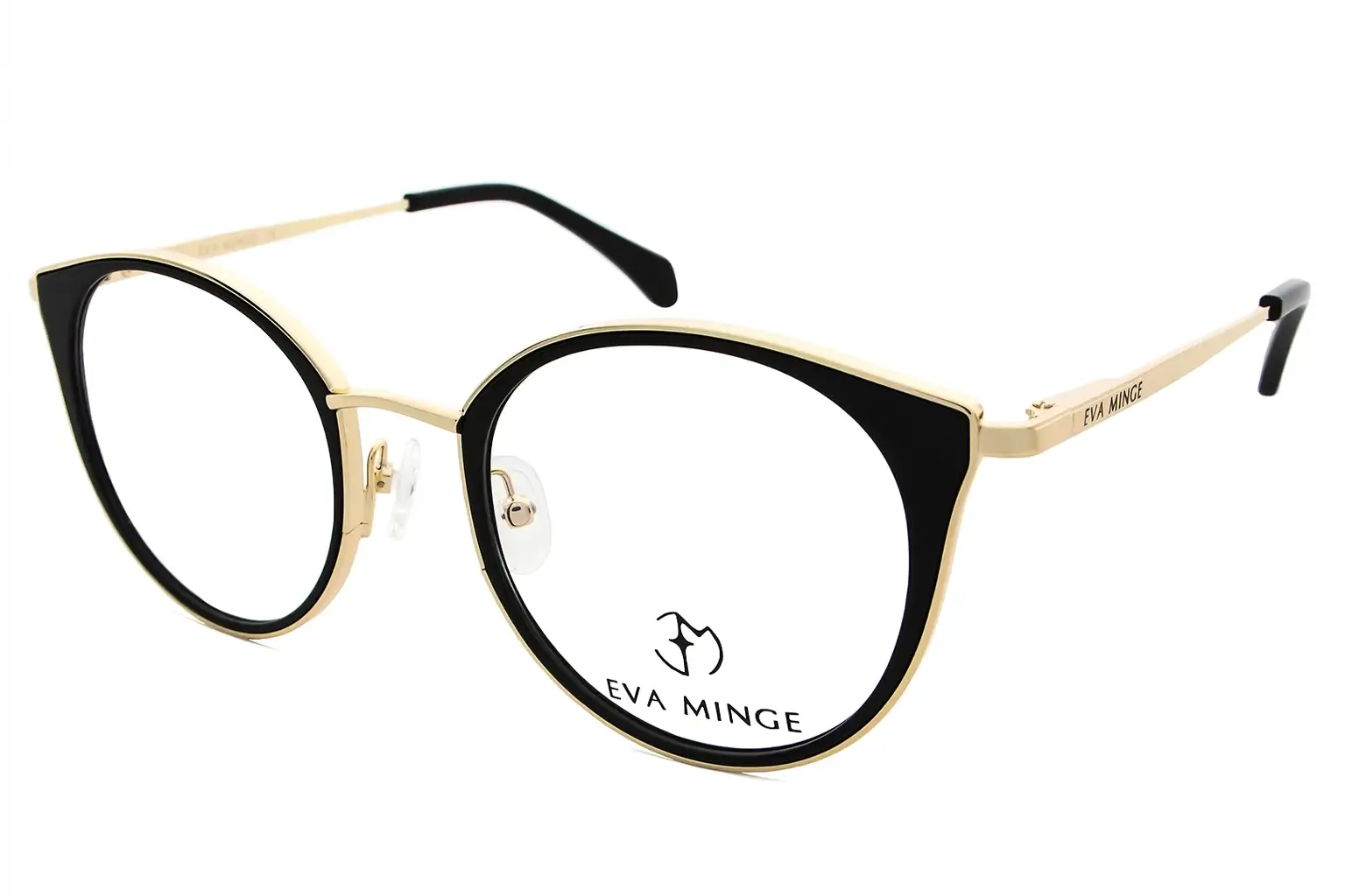 Gold and black round eyeglasses by Eva Minge with clear nose pads (angled view).