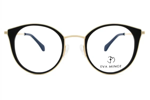 Gold-and-black round eyeglasses with clear lenses, Eva Minge logo visible on right lens