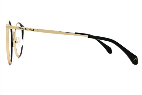 Gold metal eyeglasses with black temple tips, side view, brand Eva Minge visible on temple