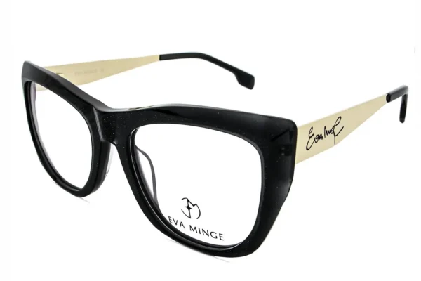 Black oversized plastic eyeglasses with beige arms and Eva Minge signature on the temples.