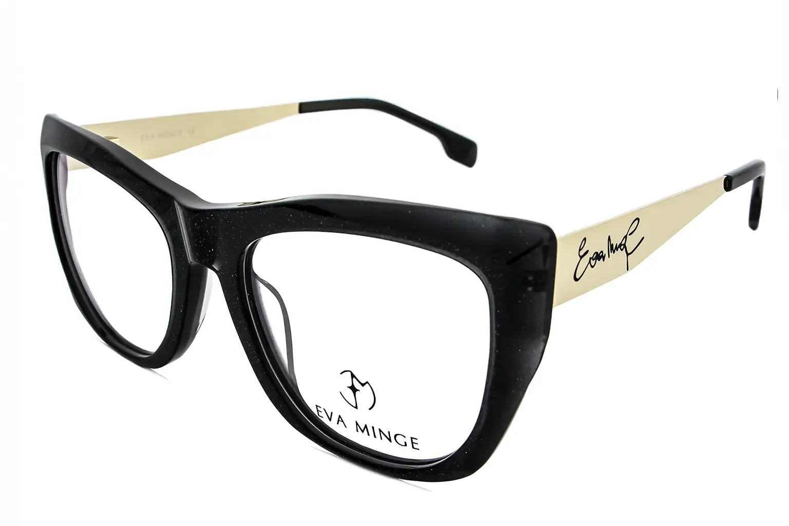 Black oversized plastic eyeglasses with beige arms and Eva Minge signature on the temples.