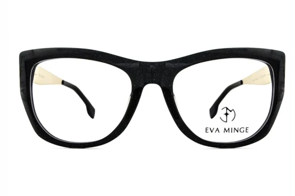 Black speckled cat-eye eyeglasses with beige temple tips, brand Eva Minge visible on the right lens