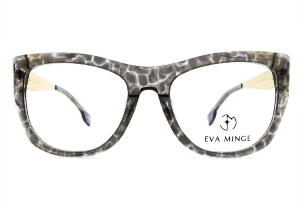 Marbled gray square eyeglasses with the Eva Minge logo on the right lens.