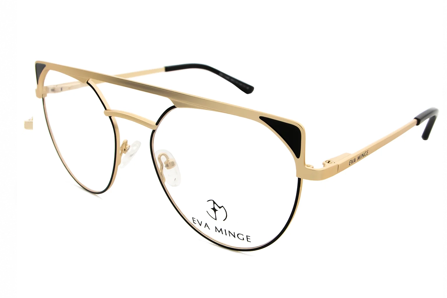 Gold metal eyeglasses with round lenses, clear nose pads, black temple tips, Eva Minge branding on the temples