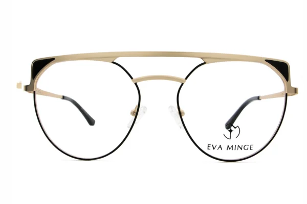 Gold metal framed eyeglasses with round lenses, black nose bridge, Eva Minge branding on the right lens