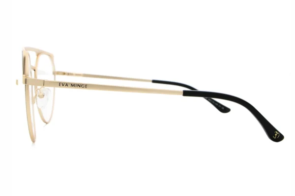 Side view of gold eyeglasses with black temple tips and Eva Minge printed on the arm, minimalist white background.