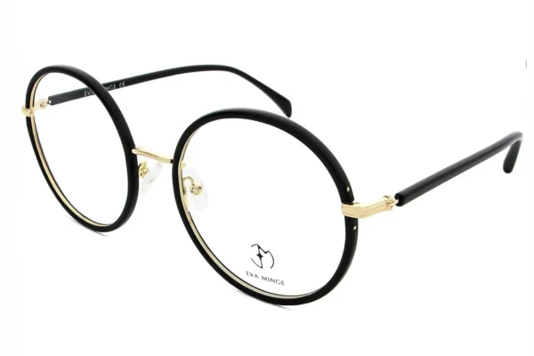 Round black and gold eyeglasses with thin frames and clear lenses (Eva Minge)