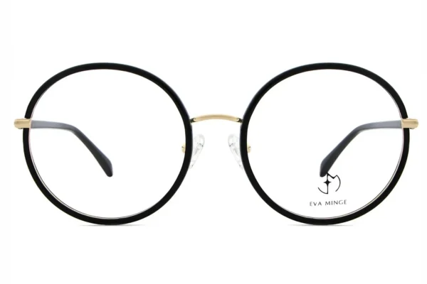 Round black-frame eyeglasses with a gold bridge and clear nose pads, Eva Minge brand image