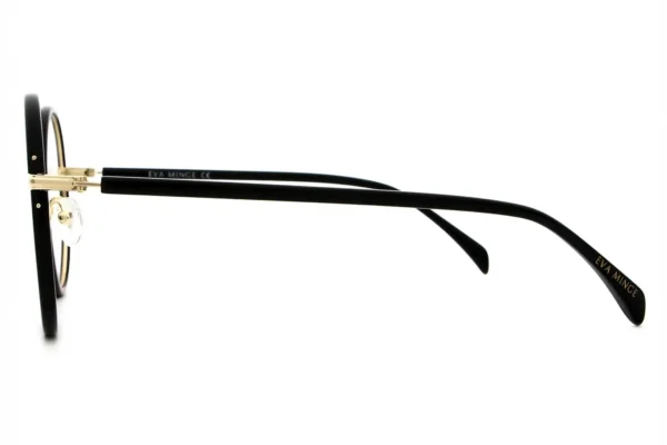 Side profile of black eyeglasses with gold hinge and clear nose pads, Eva Minge branding on the temple.
