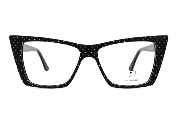 Polka-dot black cat-eye eyeglasses with clear lenses (Eva Minge brand shown on lens)
