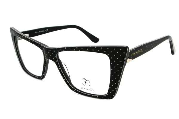 Black oversized, black frame glasses with white polka dots by Eva Minge.
