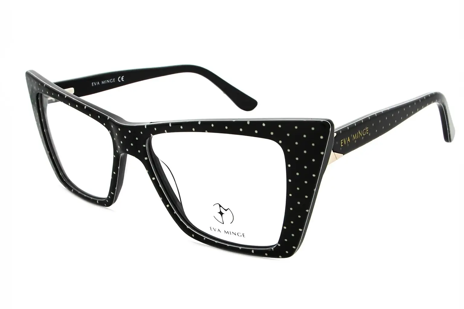 Black oversized, black frame glasses with white polka dots by Eva Minge.