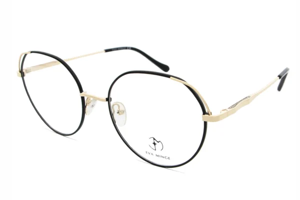 Gold-and-black Rimless eyeglasses with adjustable nose pads and thin temples, brand Eva Minge shown on lens