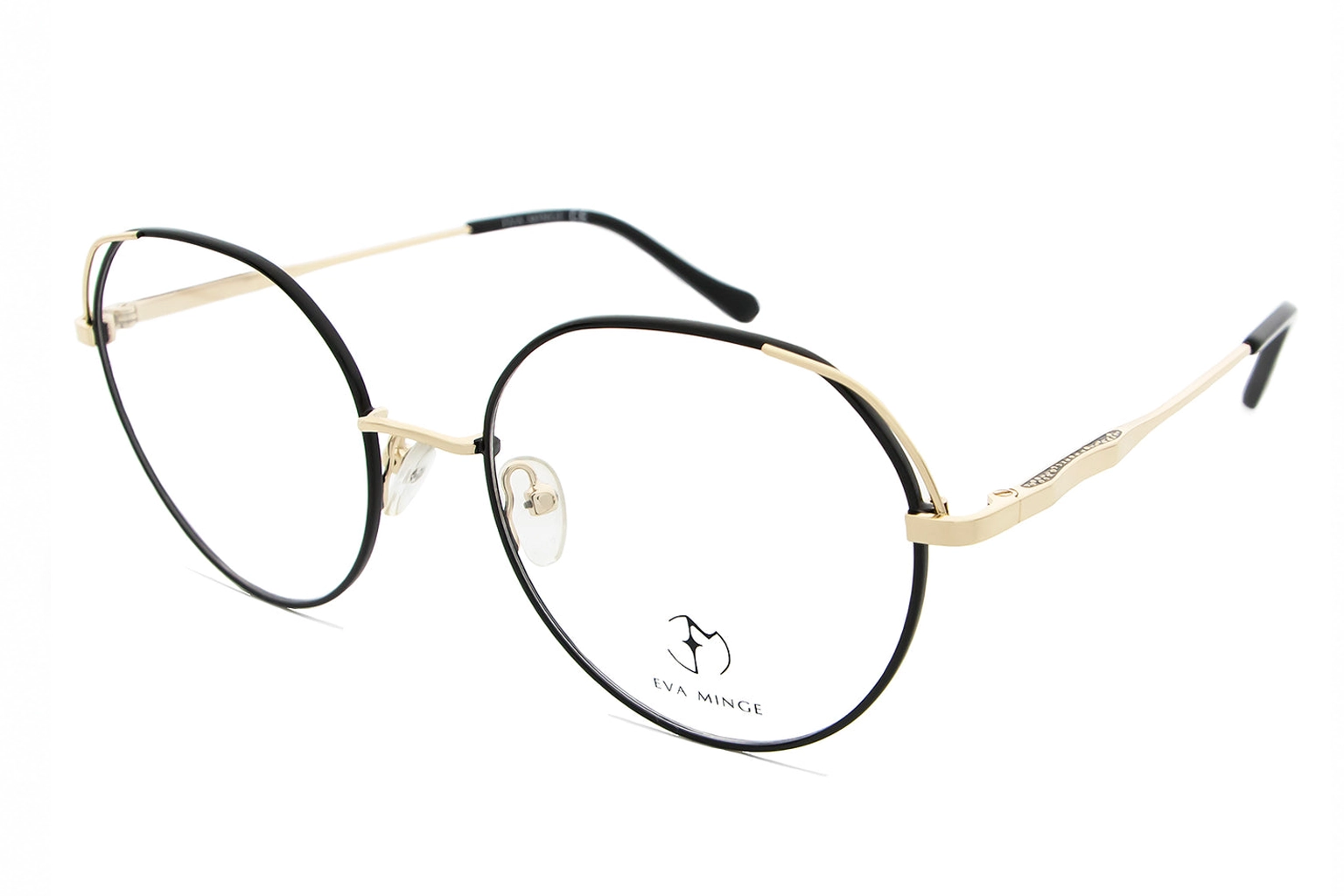 Gold-and-black Rimless eyeglasses with adjustable nose pads and thin temples, brand Eva Minge shown on lens