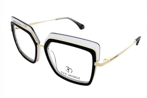 Oversized square eyeglasses with black, clear, and gold frame accents; gold temples with Eva Minge branding visible.