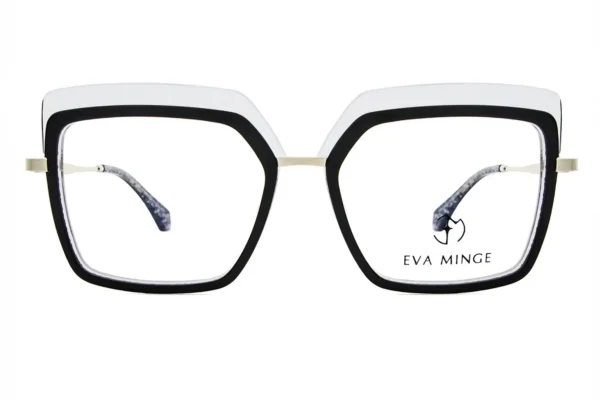 Two-tone eyeglasses with large square frames (black outer, clear inner) and thin metal bridge; Eva Minge branding visible on the right lens.