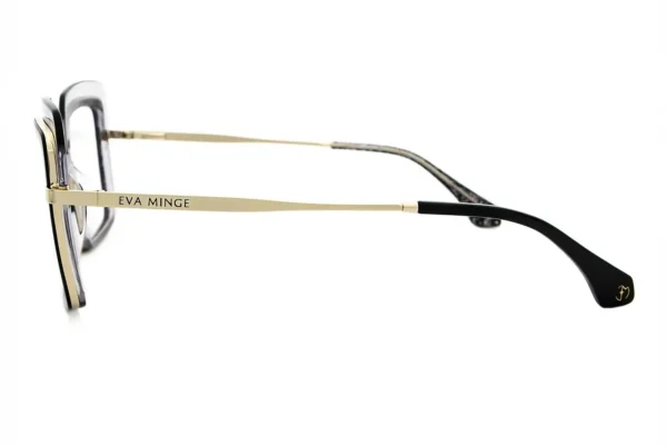 Side view of gold metal-framed eyeglasses with black temple tips; 'EVA MINGE' on the temple arm.