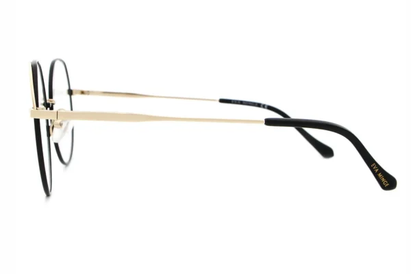 Side view of black-rimmed glasses with gold temples, brand EVA MINGE visible on the arm