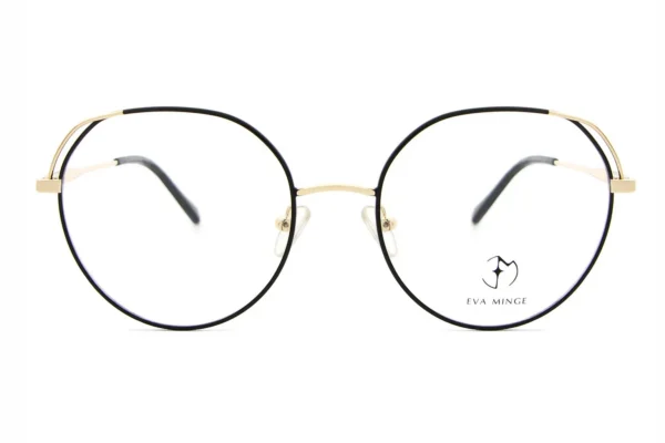Round black-and-gold eyeglasses with a thin gold bridge and clear nose pads; EVA MINGE logo visible on the right lens