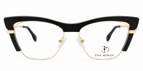 Gold-and-black cat-eye eyeglasses with clear lenses and adjustable nose pads; EVA MINGE branding visible on the right lens.