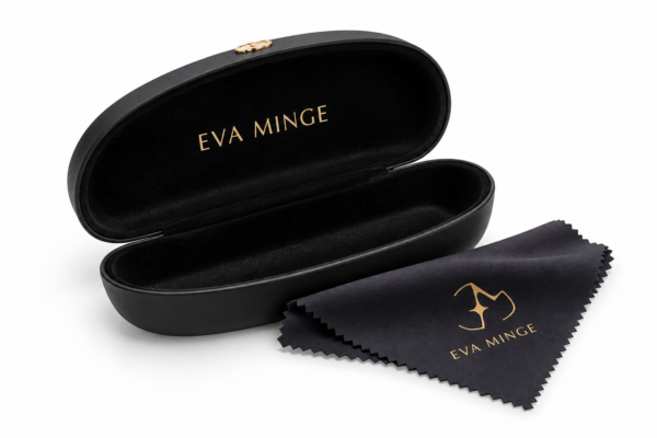 Open black EVA MINGE eyewear/jewelry case with a velvet interior and gold logo, beside a black cleaning cloth.