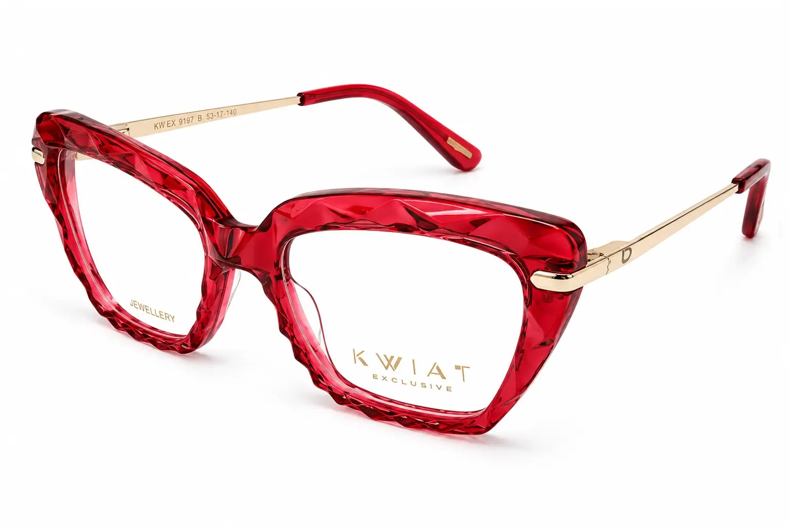 Red translucent eyeglasses with diamond-cut frames and gold-tone temples; bold fashion eyewear